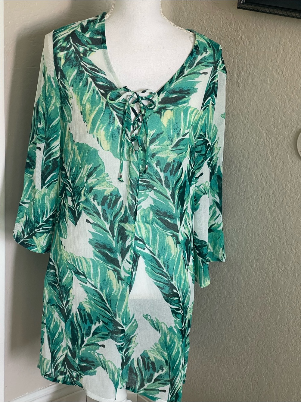 Green Leaf-Print Lace-Up Swim Coverup Tunic